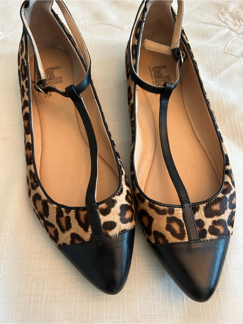 Belle by Sigerson Morrison Leopard Print T-Strap Flats with Black Pointed Toe